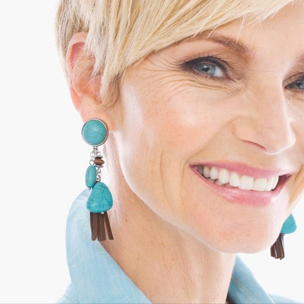 NWT Chico's Turquoise and Leather Loren Chandelier Post Earrings